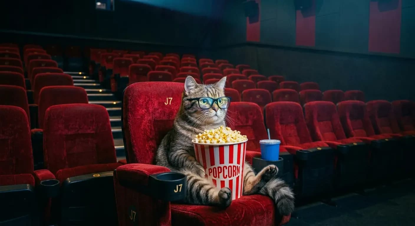 Kare çerçeveli gözlük takan, evcil bir tekir kedinin karanlık ve boş bir sinema salonunda kırmızı kadife bir sinema koltuğunda oturduğu tam boy görünüm. Kedi, ön patileriyle kucağında büyük, kırmızı-beyaz çizgili bir “POPCORN” (patlamış mısır) kovası tutuyor. Yanındaki bardaklıkta ise pipetli mavi bir içecek bardağı bulunuyor.