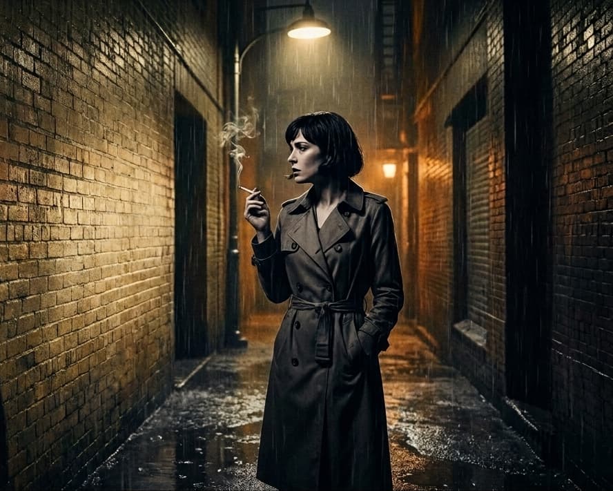 A photograph of a woman with short dark hair, dressed in a belted, double-breasted trench coat, standing alone in a narrow, wet brick alleyway at night. She is holding a lit cigarette, with a curl of smoke visible, and looking off to the side, away from the camera. The alley is darkly lit, with the main light coming from a single overhead streetlamp, and rain is falling. The cobblestones are slick with rain, showing reflections.
