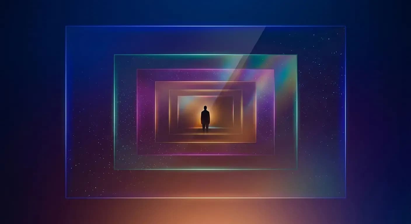 Silhouette of a person standing at the center of nested, glowing neon frames against a starry cosmic background.