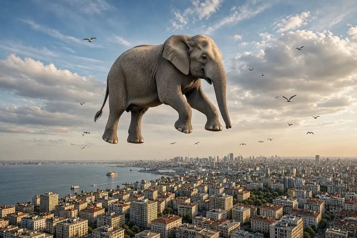A realistic photo manipulation of a large Asian elephant floating high in the partly cloudy sky above a sprawling, dense city next to a body of water. Numerous seagulls are flying around the floating giant and over the urban landscape. Below, a complex mix of classical and modern buildings, a distant modern skyline, and a small boat on the water are visible. The sky is partly cloudy with warm, golden light on the horizon. The scene has a wondrous, surreal quality.