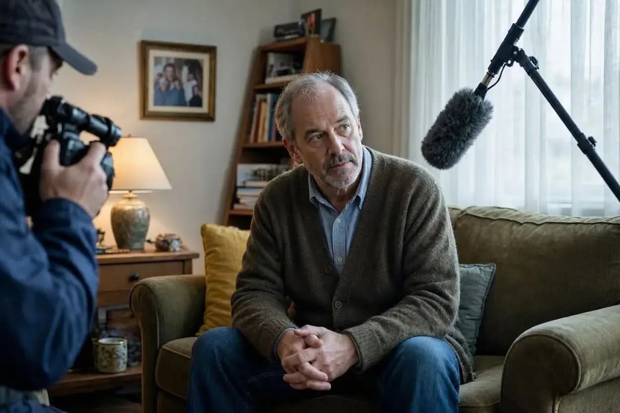 A middle-aged man sitting on an armchair during an indoor documentary-style interview, with a camera operator filming him from the left foreground and a boom microphone hanging overhead.