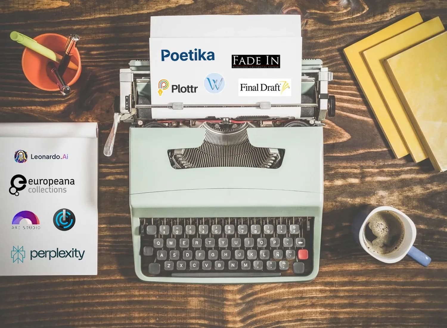 An overhead photograph of a vintage mint-green typewriter on a rustic wooden desk, surrounded by a notebook, pens, a coffee cup, and a stack of yellow books. Modern digital writing and creative software logos are clearly placed on the typewriter paper and notebook, contrasting tradition with technology.