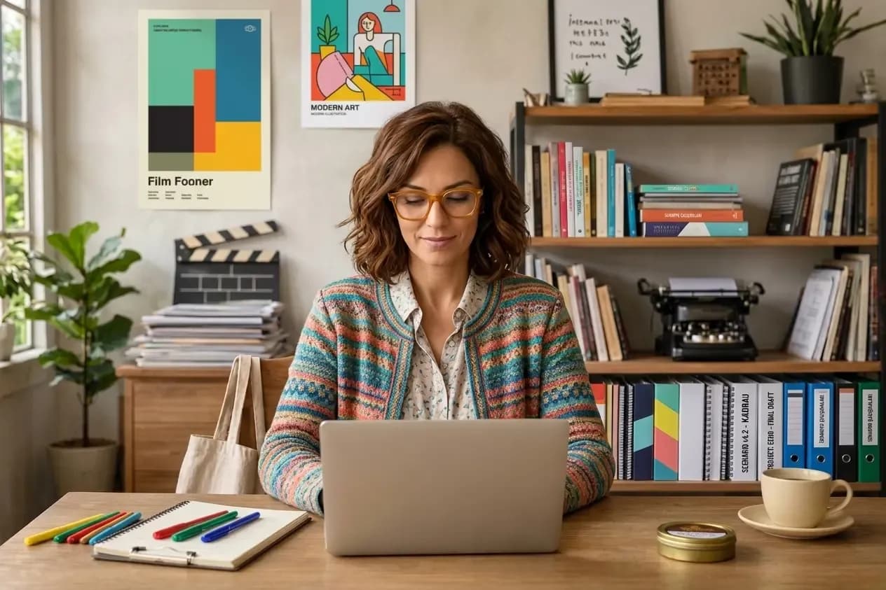 Woman screenwriter working on a laptop at a cozy home office desk surrounded by books, a typewriter, and film-themed decor