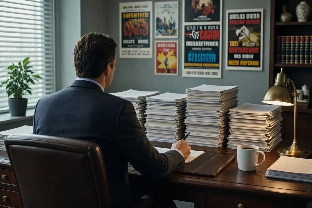 Rear view of a man in a suit seated at a large wooden desk, reviewing documents with a pen. Several tall stacks of printed manuscripts are piled across the desk alongside a white coffee mug, a brass desk lamp, and framed posters hanging on the wall in the background.