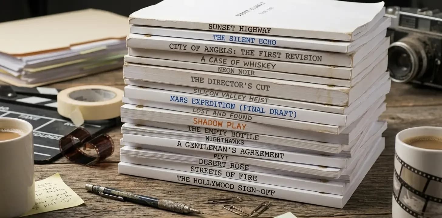 A detailed photograph capturing a large, bound stack of screenplays arranged on a wooden desk. The scene is a writer's creative workspace.