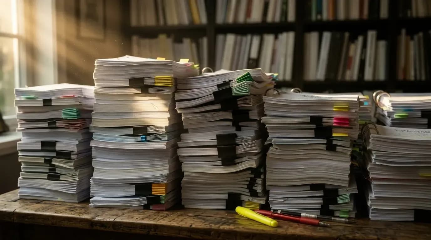 Stacks of screenplay submissions marked with colored tabs and binder clips on a production office desk.