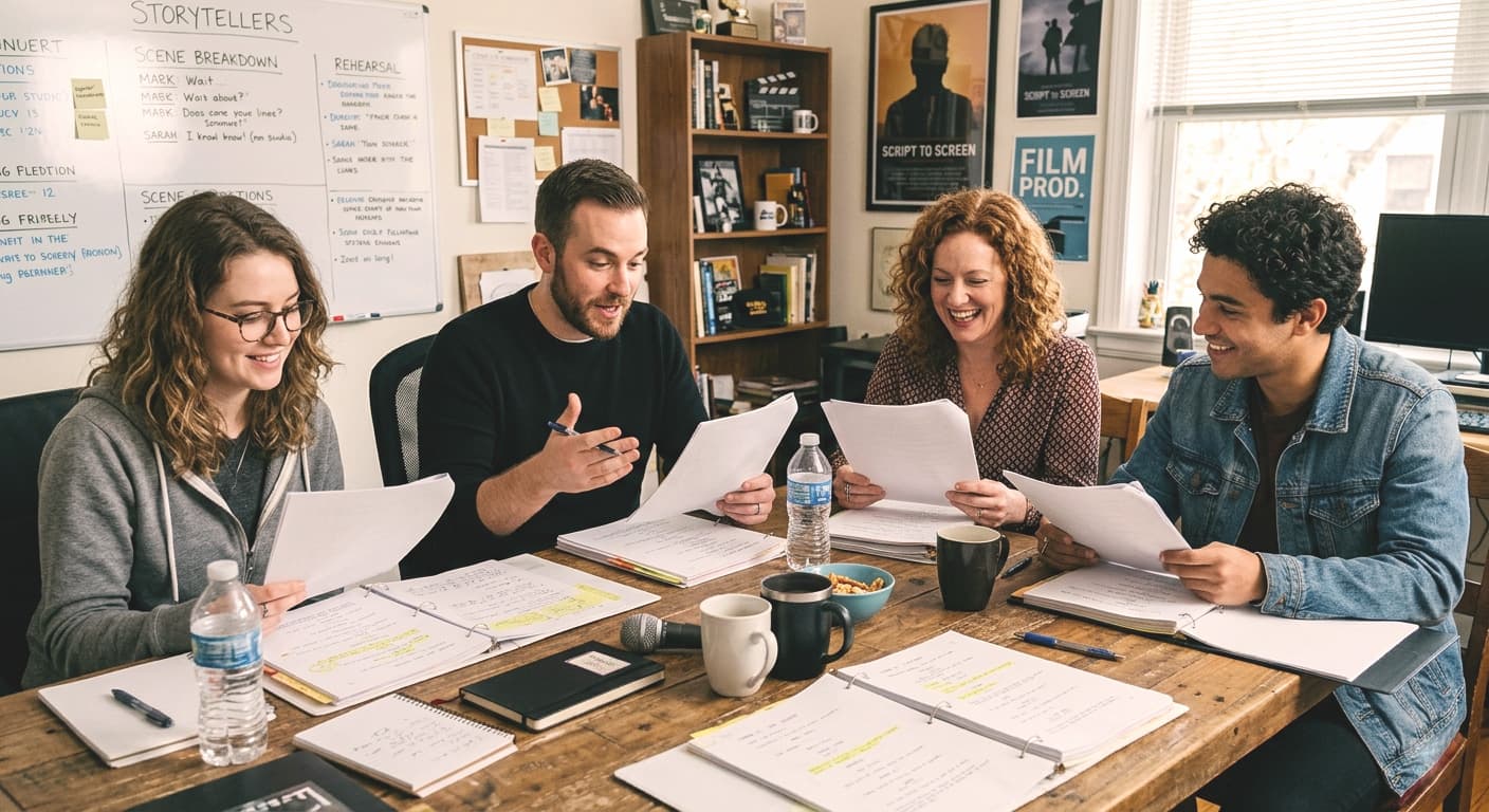 A high-angle photograph shows four people seated around a large, rustic wooden table, deeply engaged in a script table read. Two women and two men hold script pages, smiling and laughing together. A man in the center of the frame gestures with his hand as he speaks, while the others listen. The table is covered with multiple script binders, coffee mugs, water bottles, pens, and a microphone.