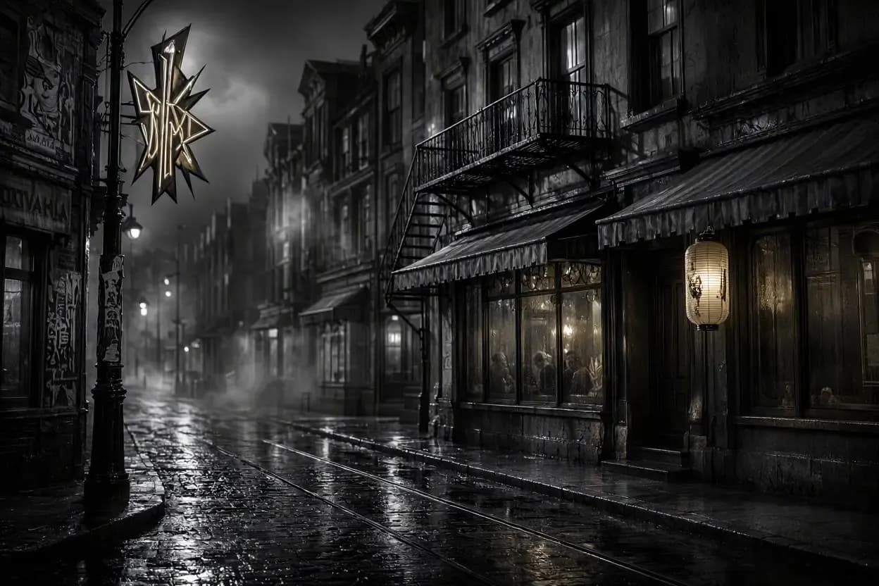 A rain-soaked empty city street at night in black and white, combining a Japanese paper lantern, an iron fire escape, and ornate European architecture under a misty, dramatic sky — evoking the global roots of gangster cinema.