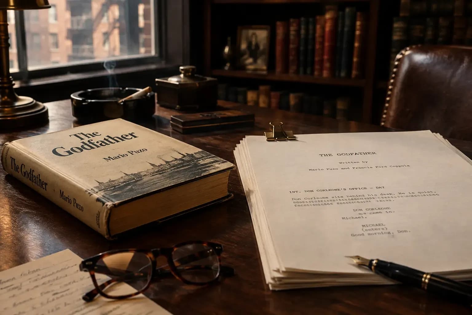 An old hardcover copy of Mario Puzo’s The Godfather beside screenplay pages on a wooden desk in a vintage writer’s study.