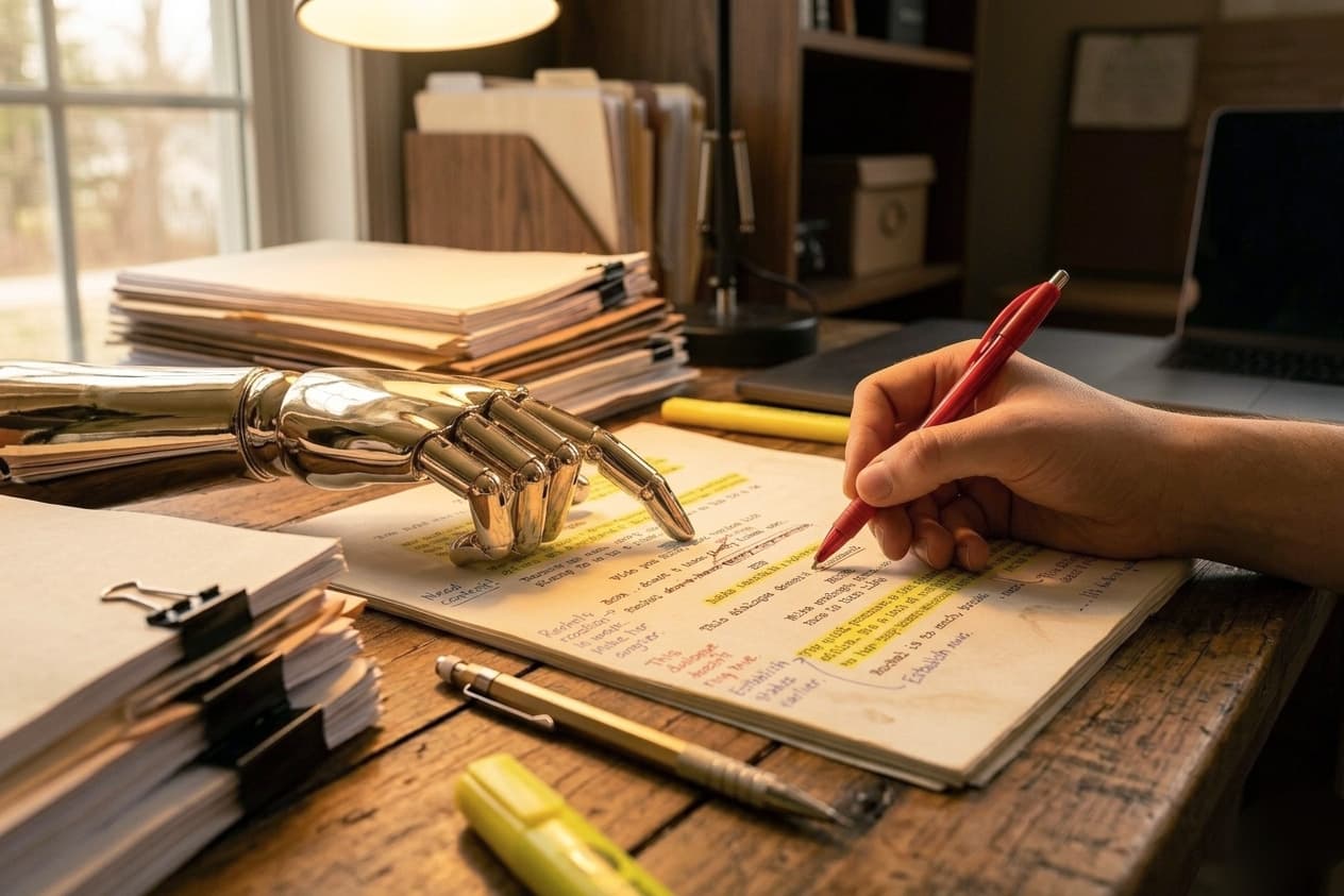 A close-up view of a human hand editing a highlighted screenplay with a red pen next to a metallic robotic hand pointing at the same page. The wooden desk is cluttered with stacks of scripts, a yellow highlighter, and a mechanical pencil under warm lighting.