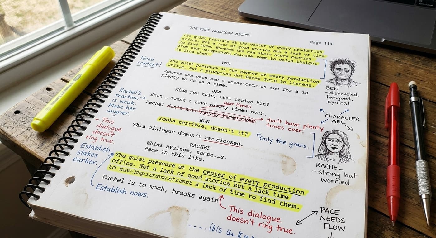 An open, spiral-bound screenplay page lies on a wooden desk with a yellow highlighter, red pen, and mechanical pencil nearby. The page is heavily annotated with yellow highlights, handwritten editorial notes, and character sketch illustrations on the margins.