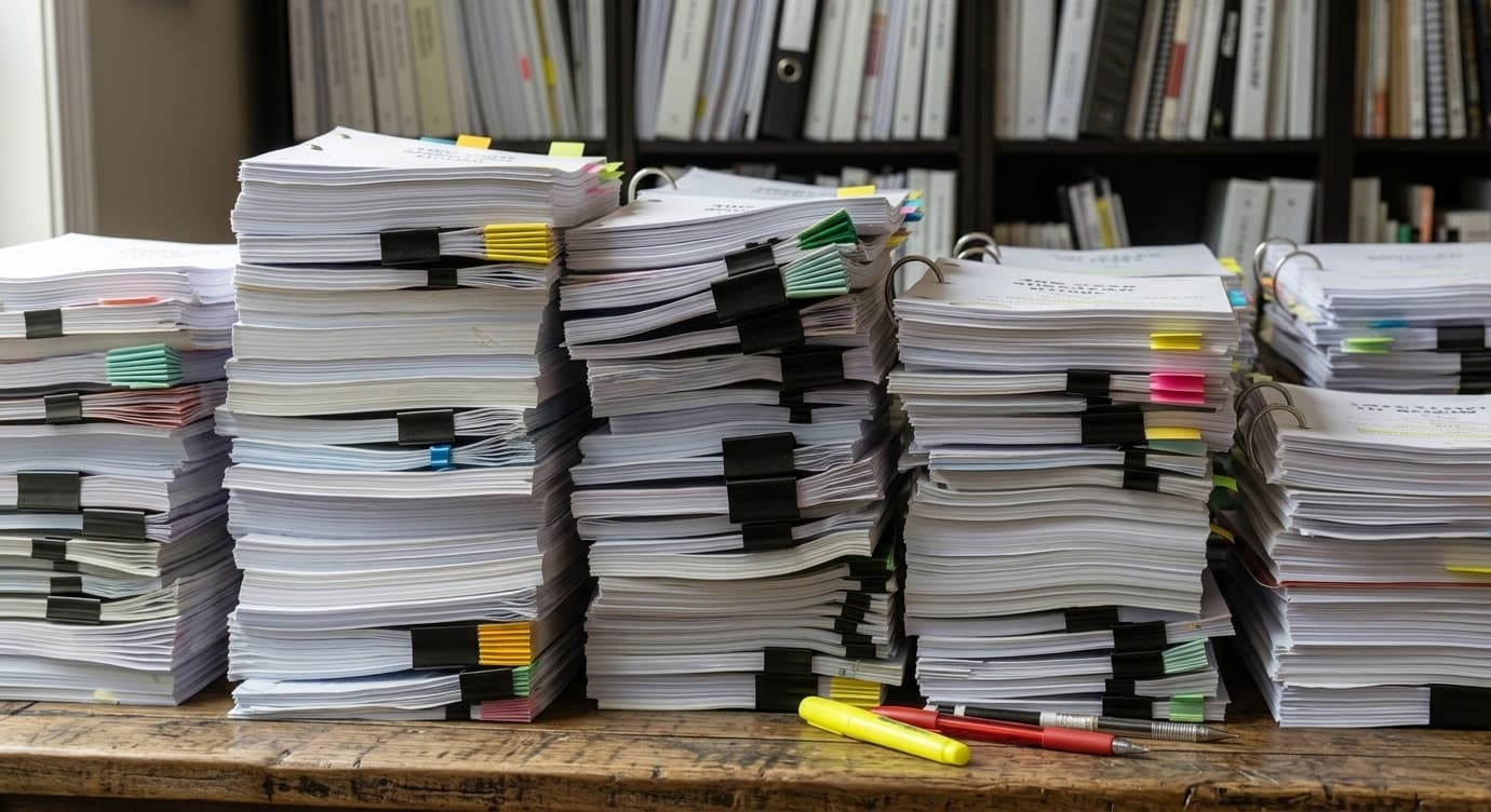 Multiple tall stacks of screenplays bound with binder clips and colorful sticky tabs sit on a wooden desk. The shot is taken from a straight-on, slightly low angle, keeping the script titles obscured.