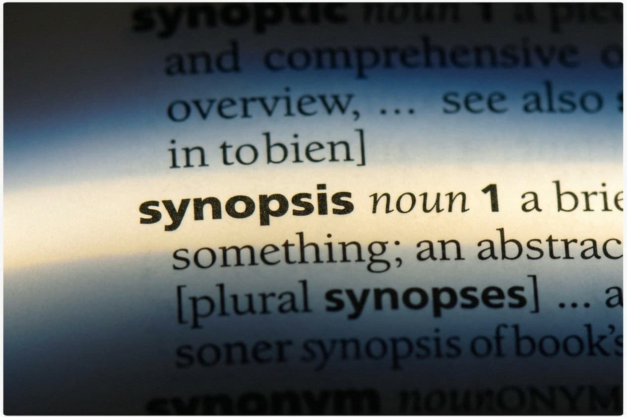 A macro photograph of a dictionary page, with a warm beam of light highlighting the word 'synopsis' and its definition. The top and bottom of the text are softly blurred and cast in cool blue shadows.