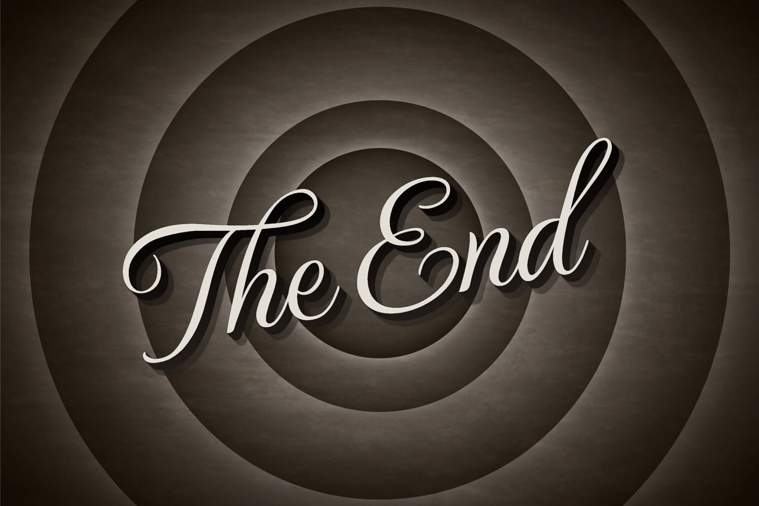 A retro cinema closing screen featuring the stylized cursive text 'The End' in white. The elegant typography is centered over a black and white background with a classic concentric circular vignette pattern.